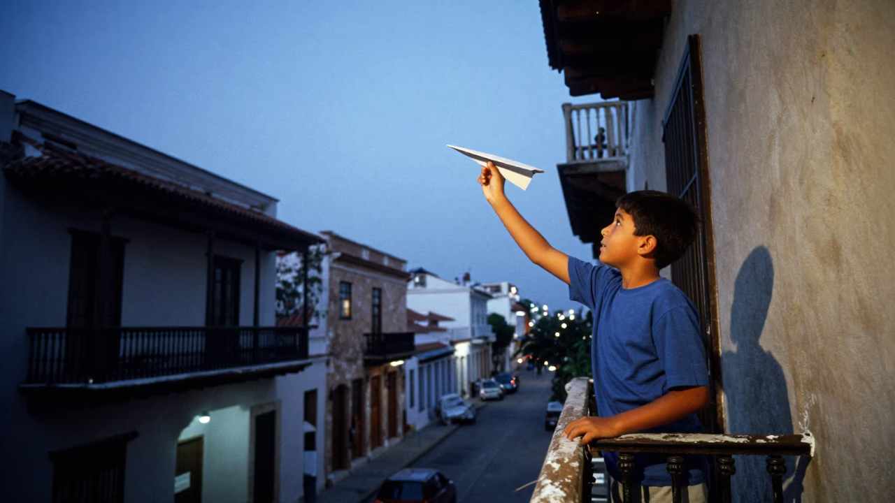 Boy Flying Paper Airplane from Balcony in Cartagena Colombia Evening Light in in Cartagena, Colombia