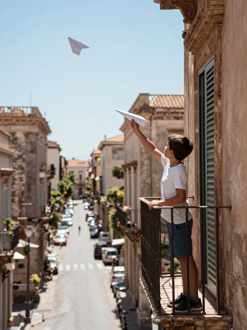 Boy flying paper airplane from balcony in Palermo Italy under noon sun in in Palermo, Italy