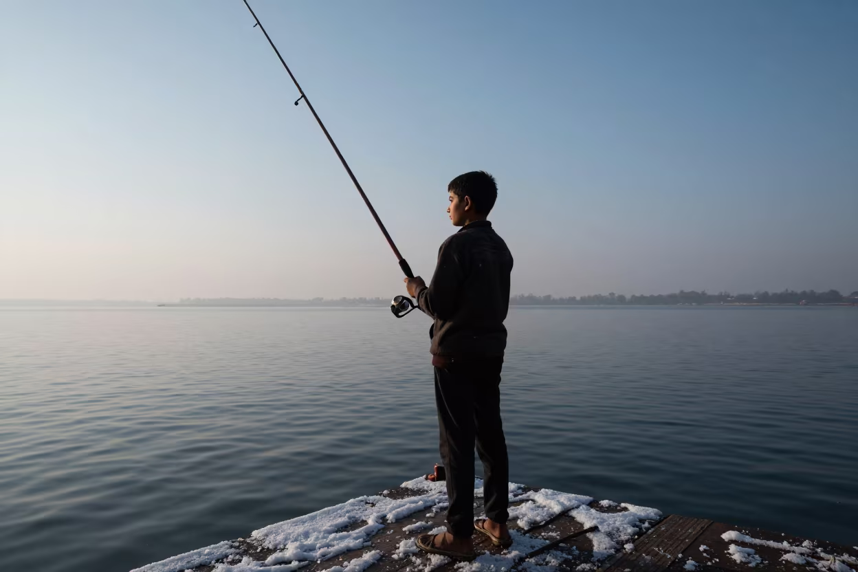 Boy with Giant Rod on Jhansi Dock Amid Snow in in Jhansi