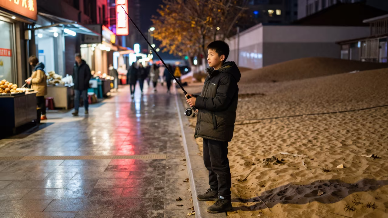 Boy with Giant Rod at Tianjin Midnight Market in along a market lane in Tianjin