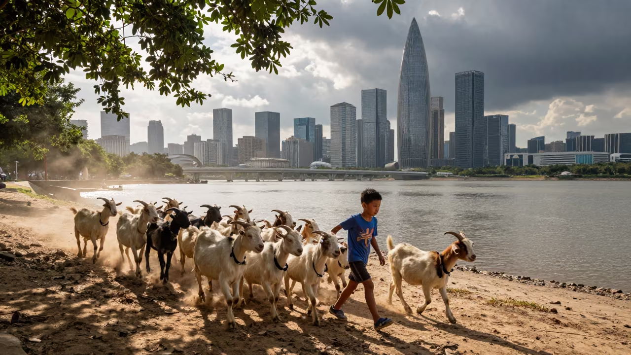 Boy Herding Goats Riverside Shenzhen in near a riverside landing in Shenzhen
