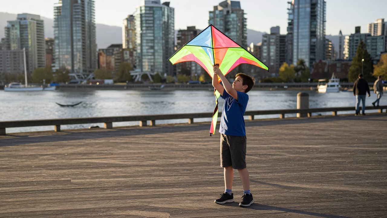 Boy Holding Homemade Kite at Stanley Park Vancouver British Columbia Late Morning in in Vancouver, British Columbia, Canada