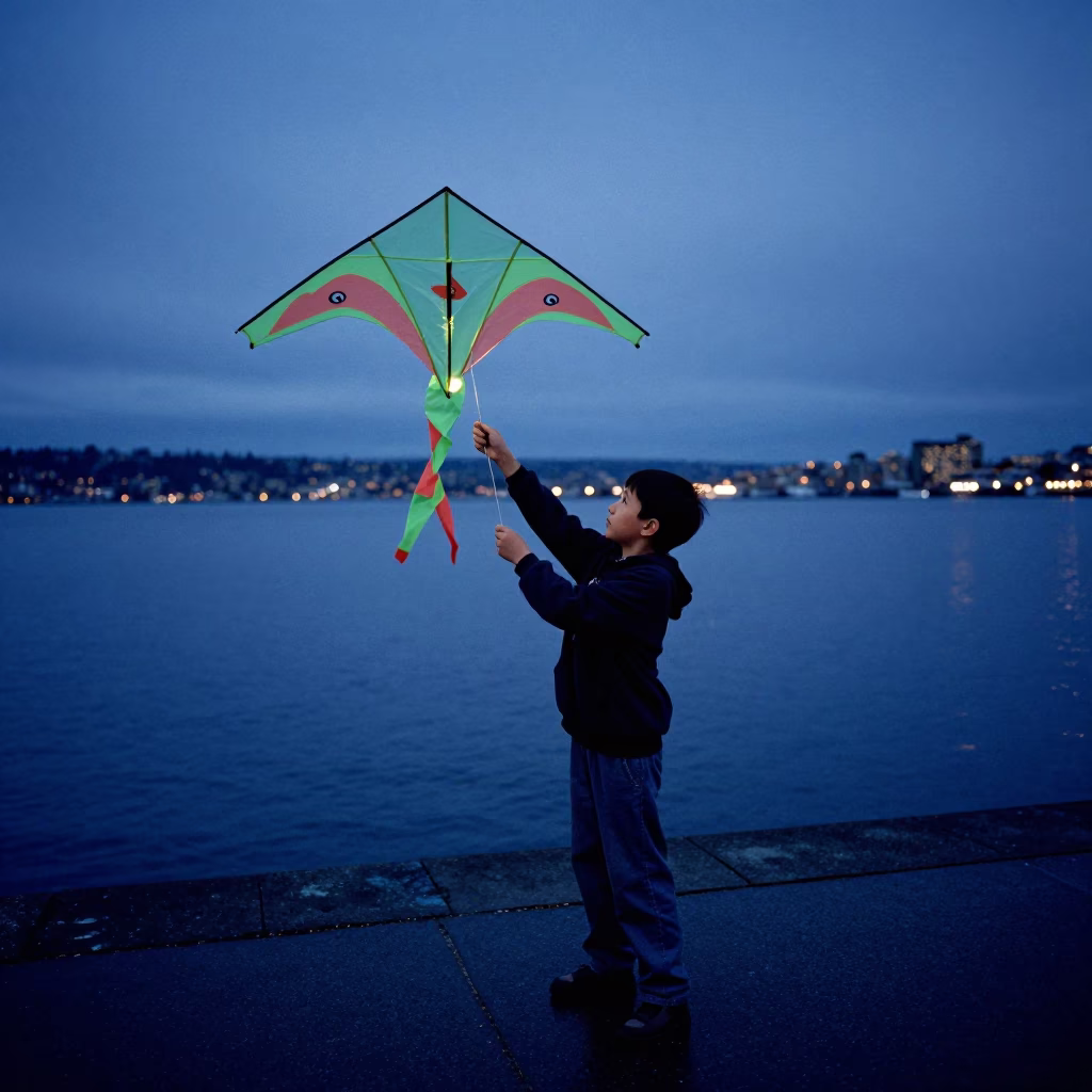 Boy Holding Homemade Kite in Seattle Evening Light Near Waterfront in in Seattle, Washington, United States