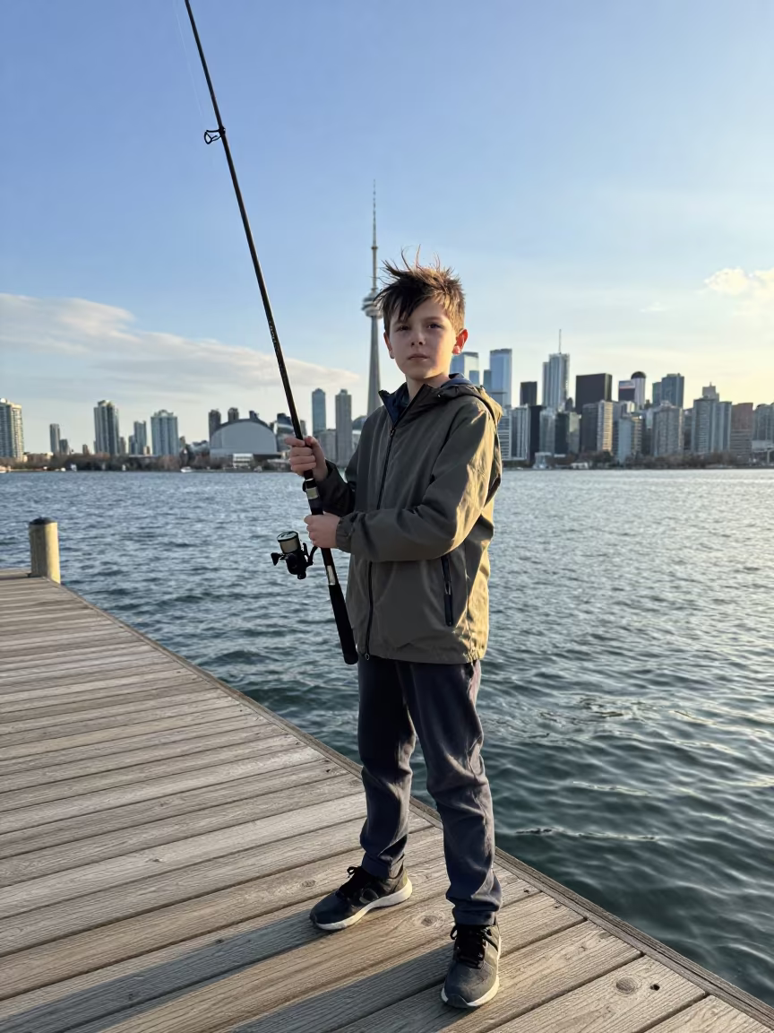 Boy Holding Tall Fishing Rod on Toronto Dock in near a riverside landing in Toronto