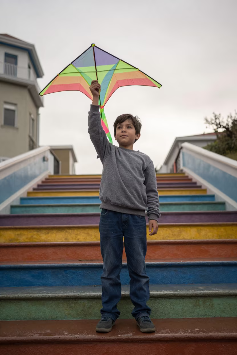 Boy with Homemade Kite in Cerro Bellavista in in the old quarter in Cerro Bellavista, Valparaiso