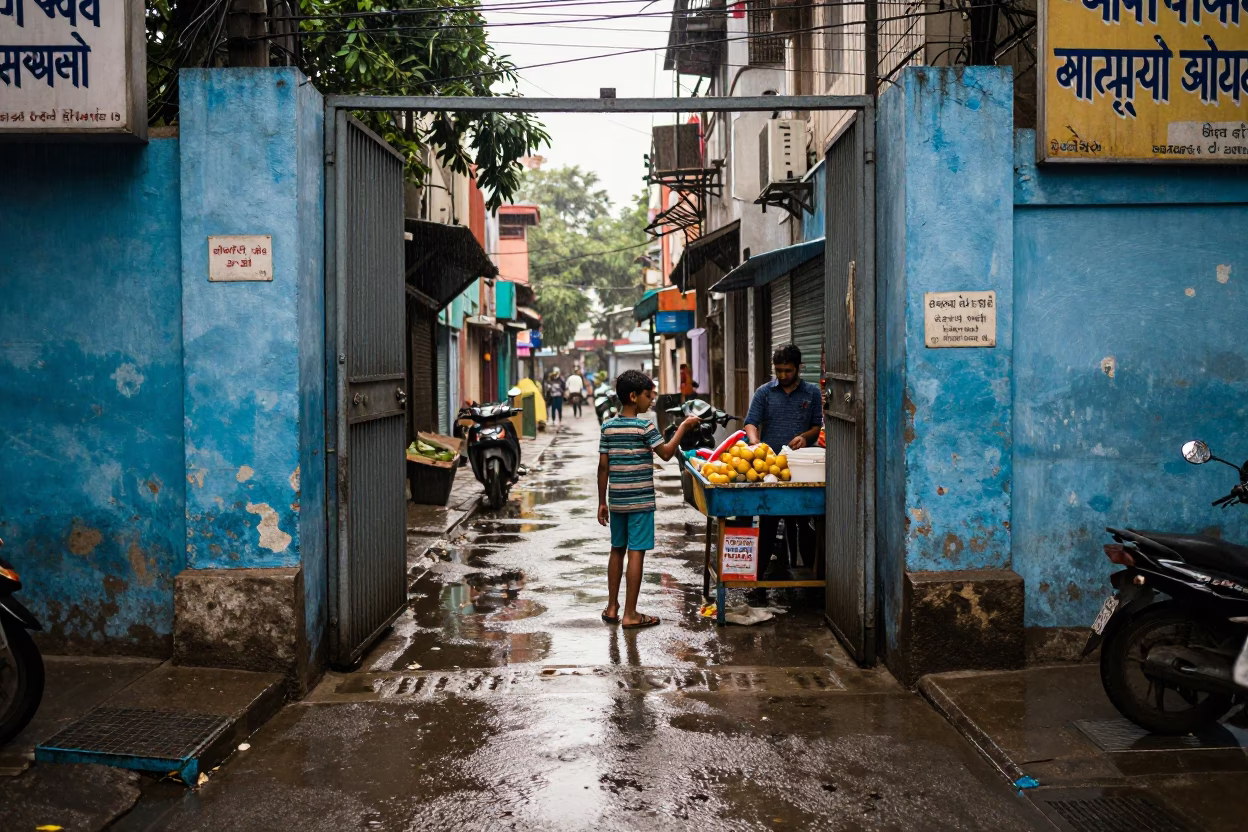 Boy in Delhi at First Light in in Delhi, India