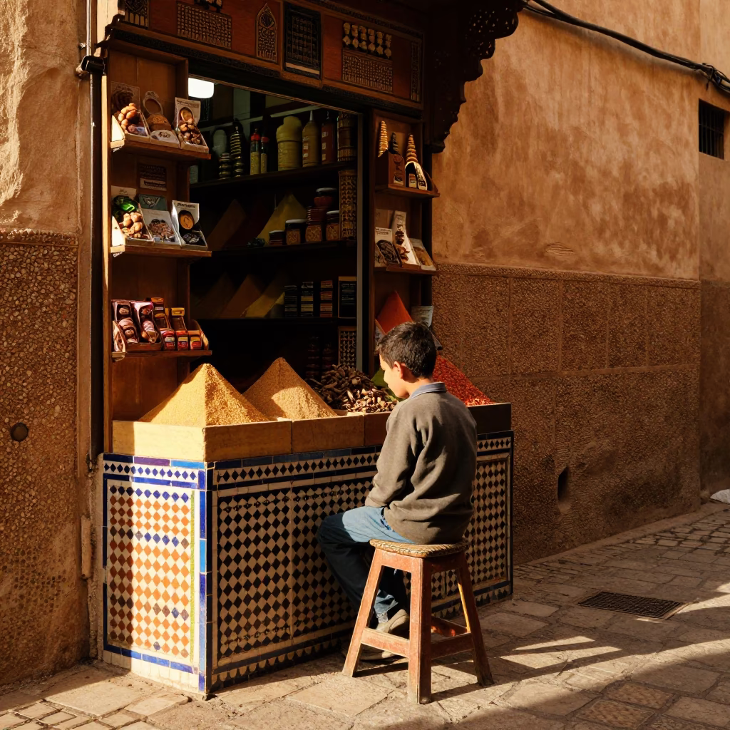 Boy in Fez at Late Afternoon Light in in Fez, Morocco