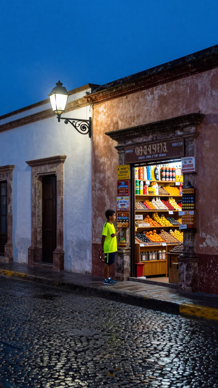 Boy in Merida at Blue Hour in in Merida, Mexico