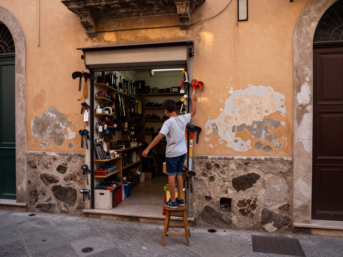Boy in Palermo at Evening Light in in Palermo, Italy