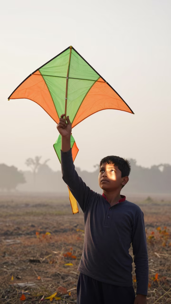 Boy with Kite at Dawn in Sukkur in in Sukkur