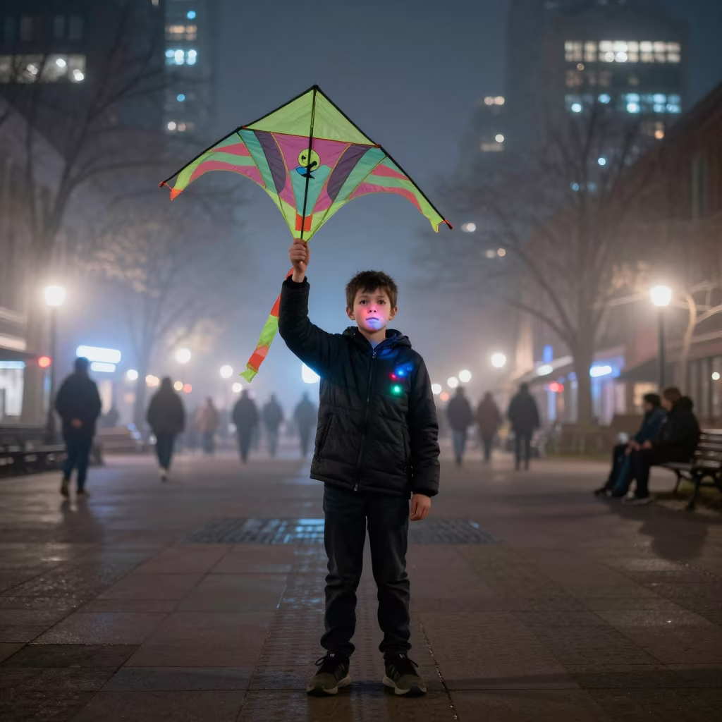 Boy with Kite in Madison Neon Mist in at a public square in Madison