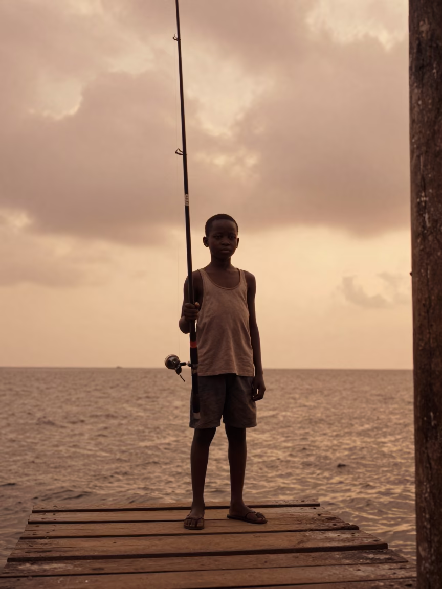 Boy on Lagos Dock with Tall Fishing Rod in in Ikoyi, Lagos