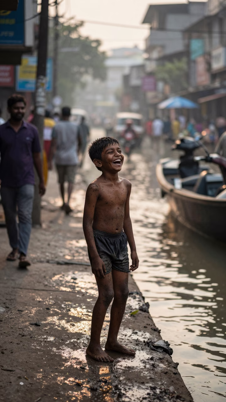 Boy Laughing in Kolkata at First Light Of Dawn in in Kolkata, India