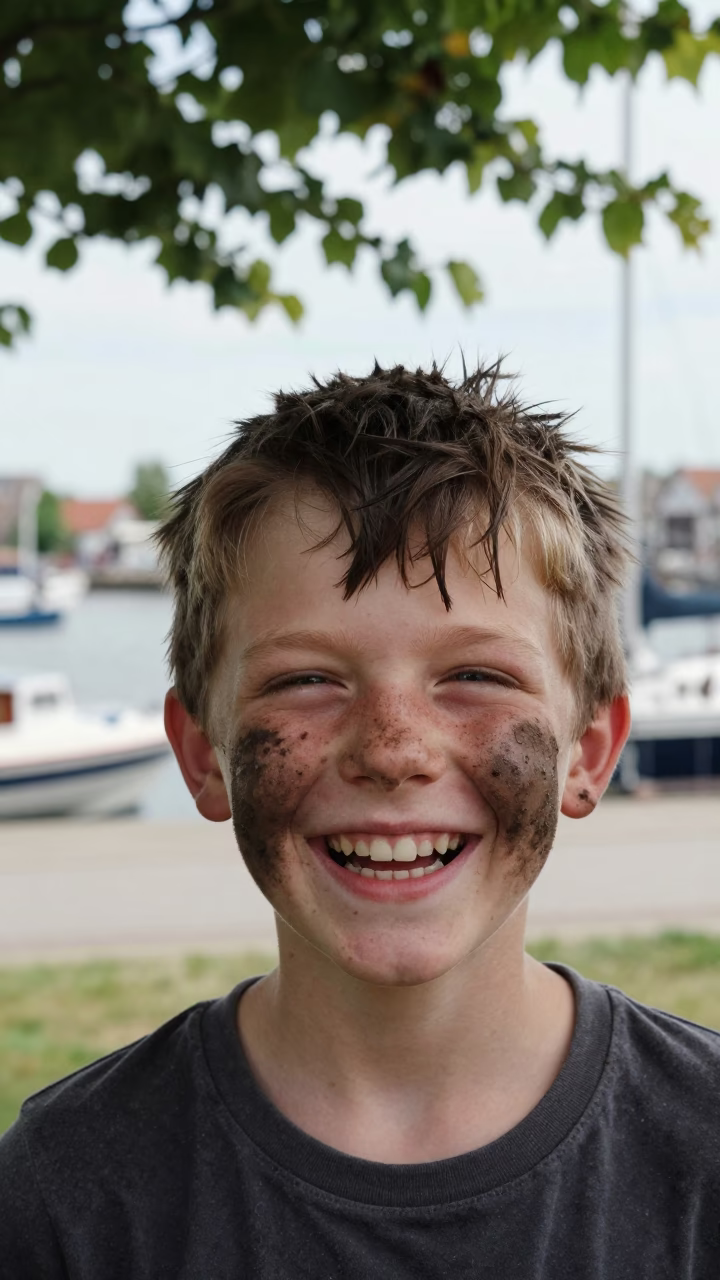 Boy Laughing with Mud Spattered Cheeks Harbor in at a harbor edge in Apeldoorn