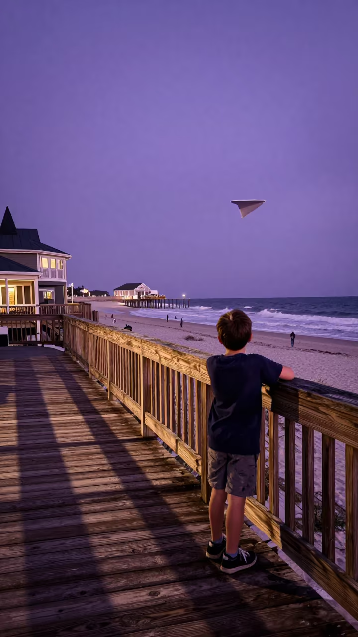 Boy Launches Paper Plane at Dawn Balcony in near Austin