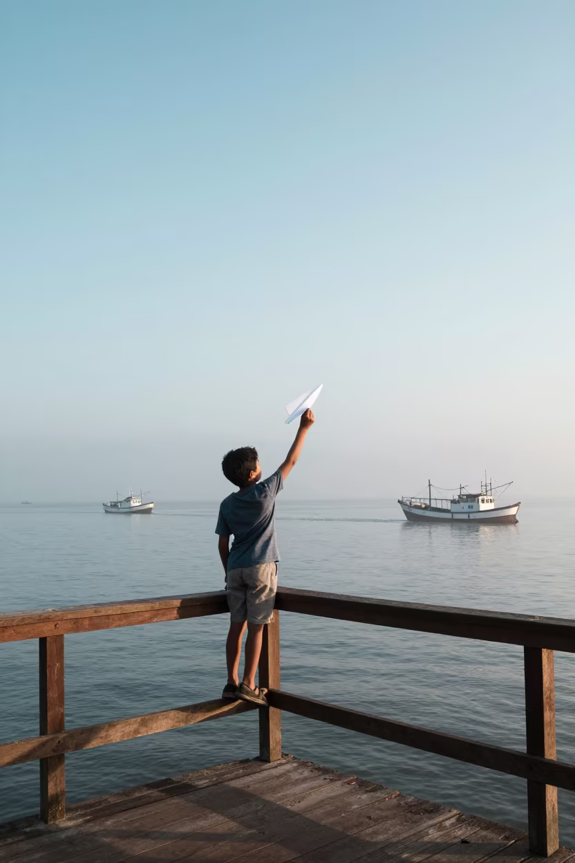 Boy Launches Paper Plane from Harbor Balcony in at a harbor edge in Piura