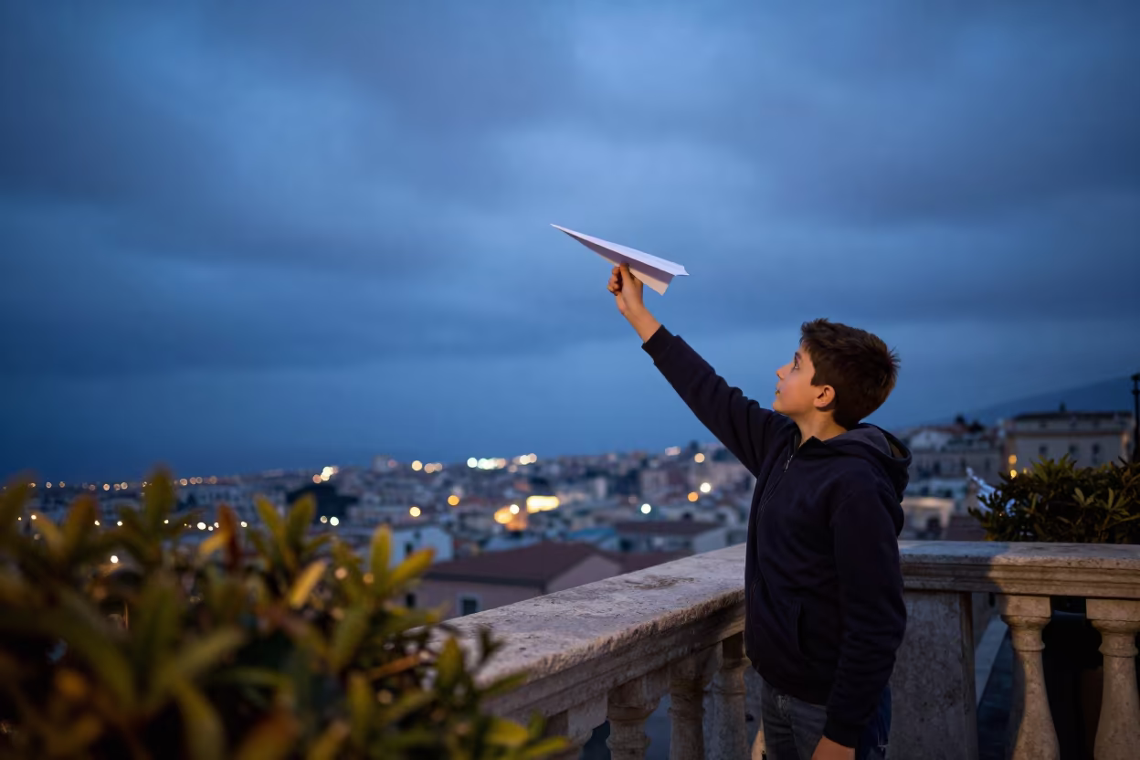 Boy Launches Paper Plane from Messina Balcony in in Messina