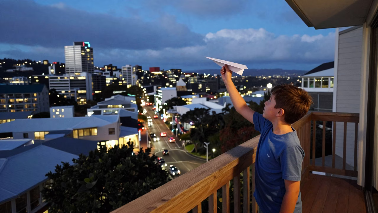 Boy Launching Paper Airplane from Balcony in Wellington City at Dusk in in Wellington, New Zealand