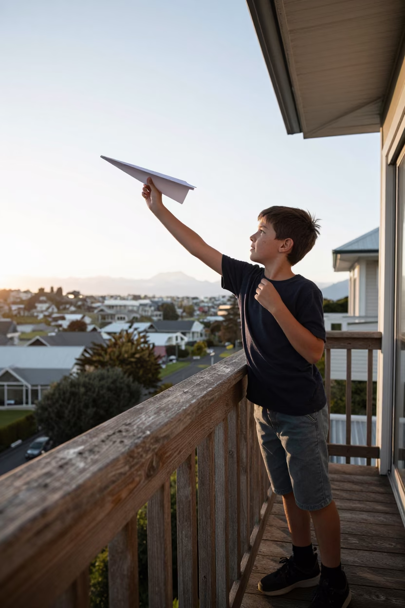 Boy Launching Paper Airplane From Christchurch Balcony At Sunrise in in Christchurch, New Zealand