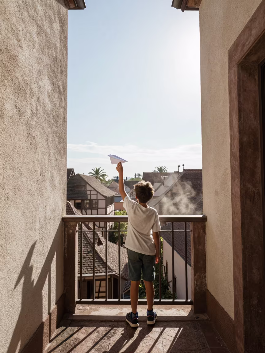 Boy Launches Paper Plane Near Colmar Under Second Sun in near Colmar