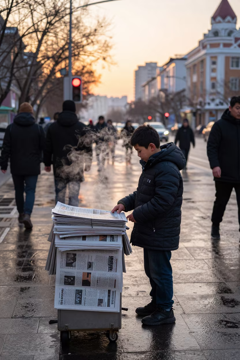 Boy Selling Newspapers Harbin Sunset in near Harbin