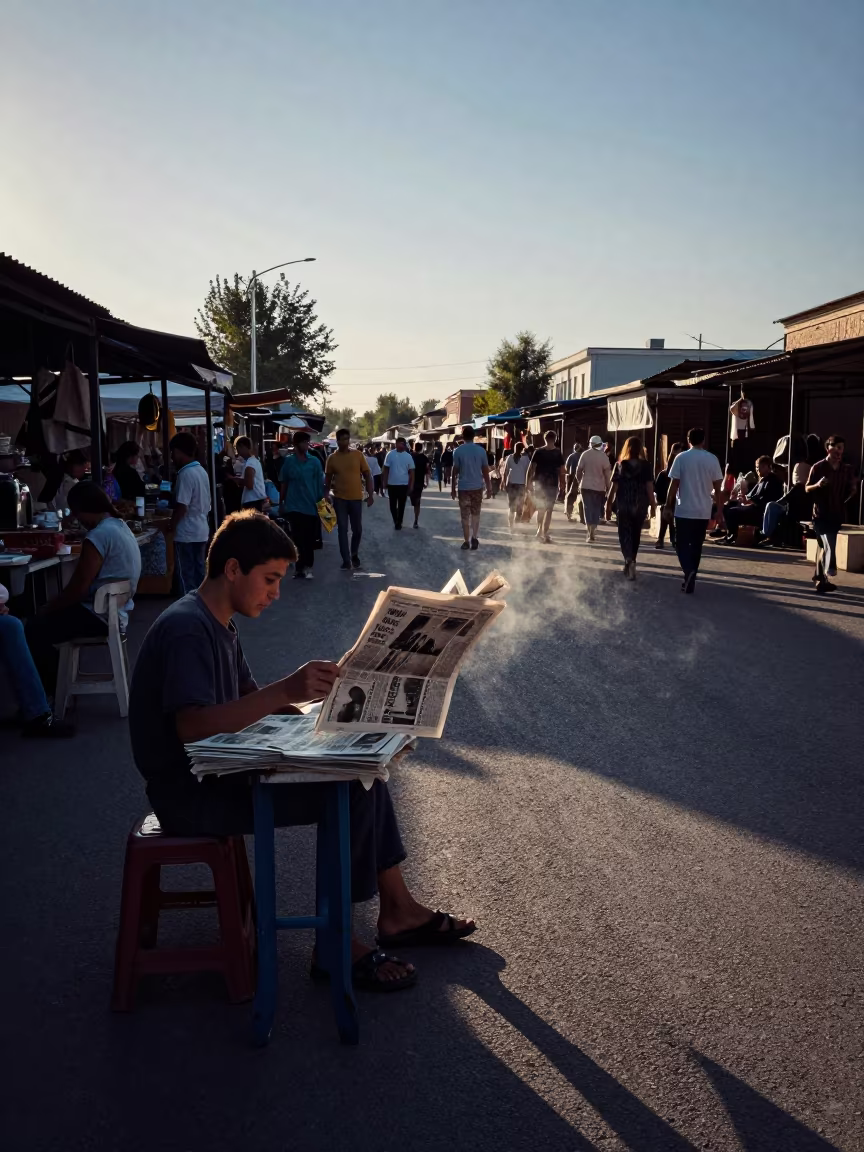 Boy Selling Newspapers in Nukus Evening Shadow in along a market lane in Nukus