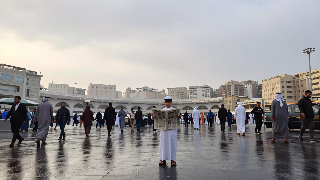 Boy Selling Papers Near Mecca After Rain in near Mecca