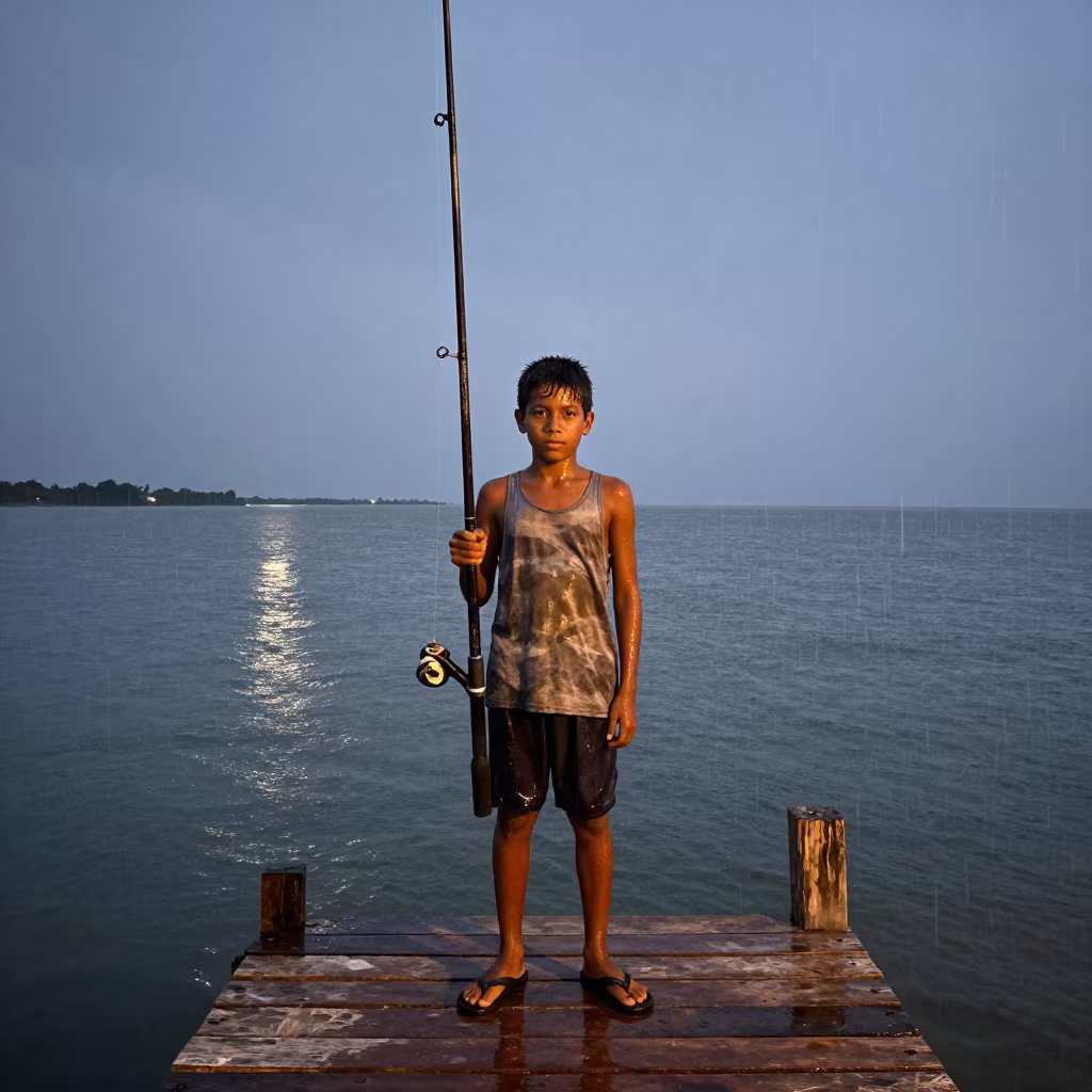 Boy with Tall Fishing Rod on Santa Marta Dock in in Santa Marta