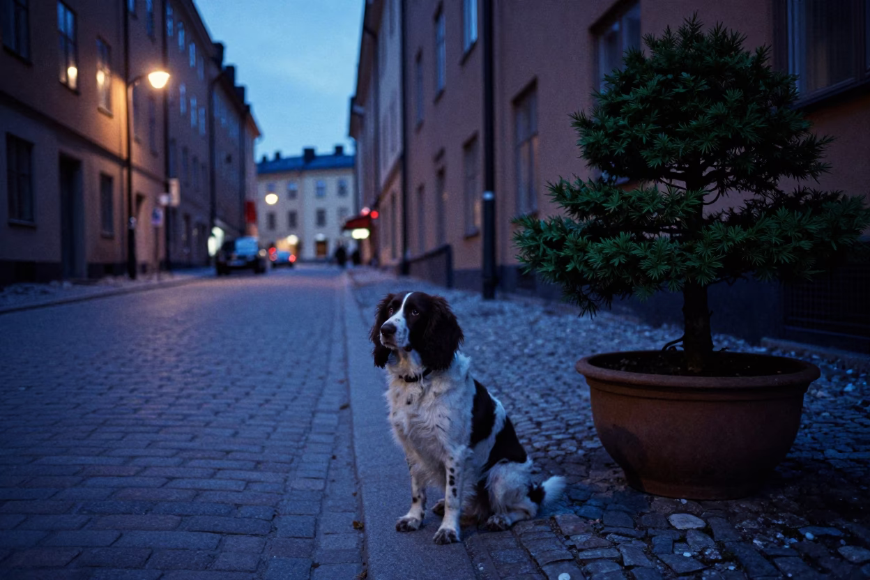 Boykin Spaniel and Bonsai Juniper in Stockholm Twilight Street Scene in in Stockholm, Sweden