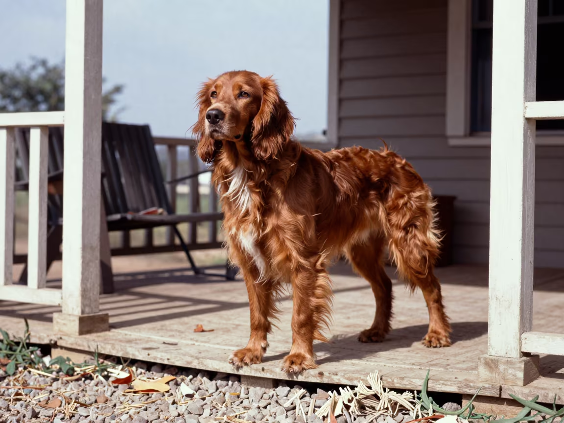 Boykin Spaniel on Shaded Benin City Porch in on a shaded front porch with boards, railings, and eye-level framing in Benin City