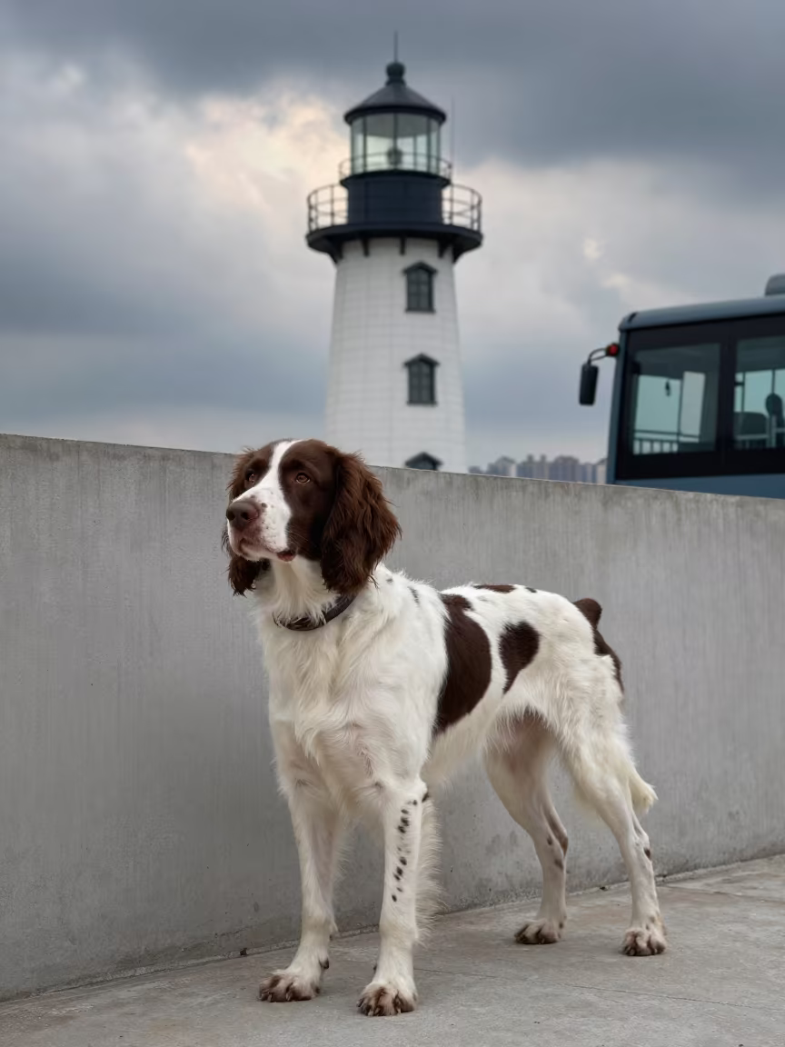Boykin Spaniel Portrait at Night Near Wuhan Wall in beside a plain courtyard wall in clear daylight with the animal at eye level near Wuhan