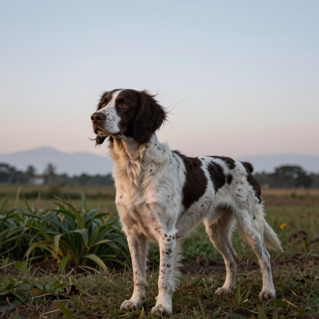 Boykin Spaniel Portrait at Sumbawanga Garden Edge in near a garden edge with soft morning light and an uncluttered background in Sumbawanga