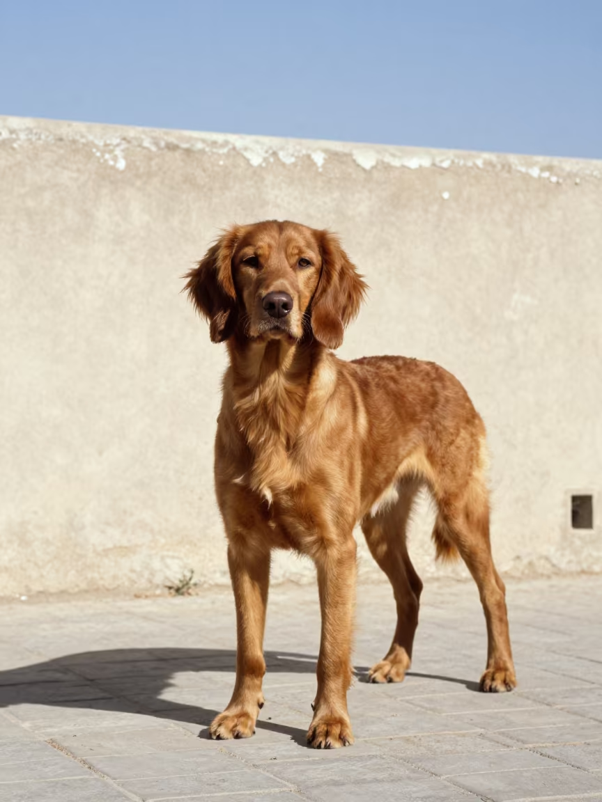 Boykin Spaniel Portrait in Menouf Courtyard in beside a plain courtyard wall in clear daylight with the animal at eye level in Menouf