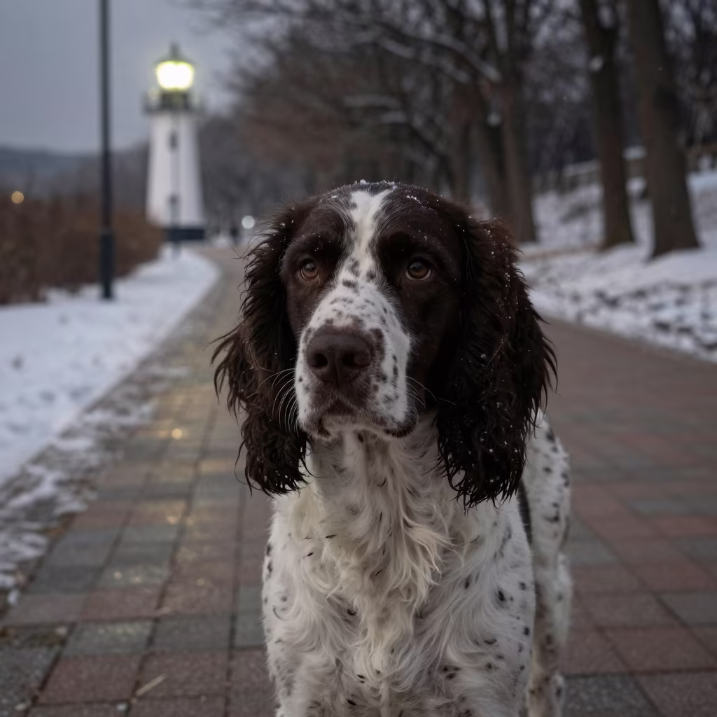 Boykin Spaniel Portrait in Night Park Snow in along a quiet park path with soft open shade and a clean background in Gwangju
