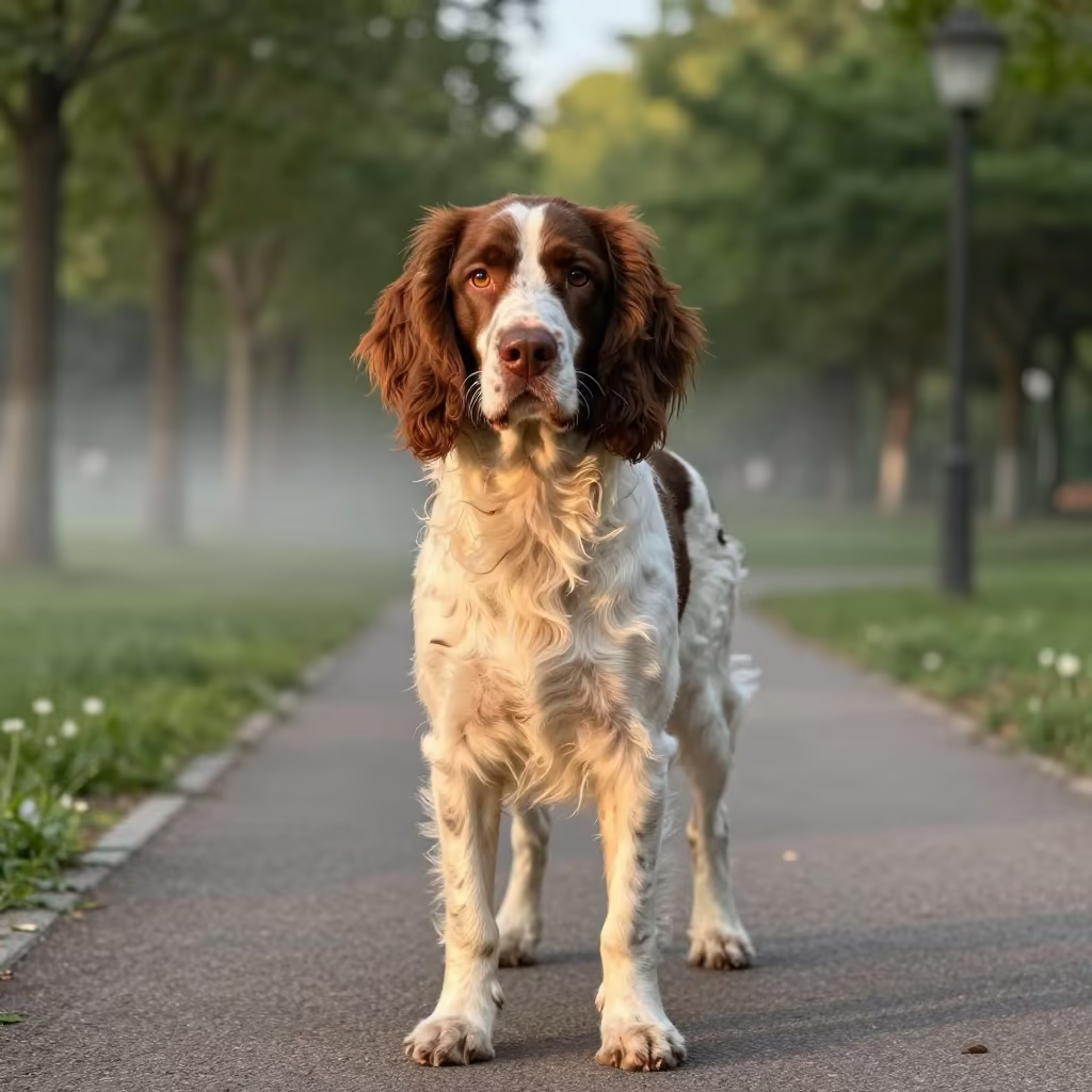 Boykin Spaniel Portrait in Wuhan Park Evening Light in along a quiet park path with soft open shade and a clean background near Wuhan