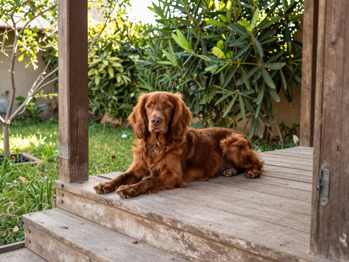 Boykin Spaniel Portrait on Shaded Porch in Mit Ghamr in near a garden edge with soft morning light and an uncluttered background in Mit Ghamr