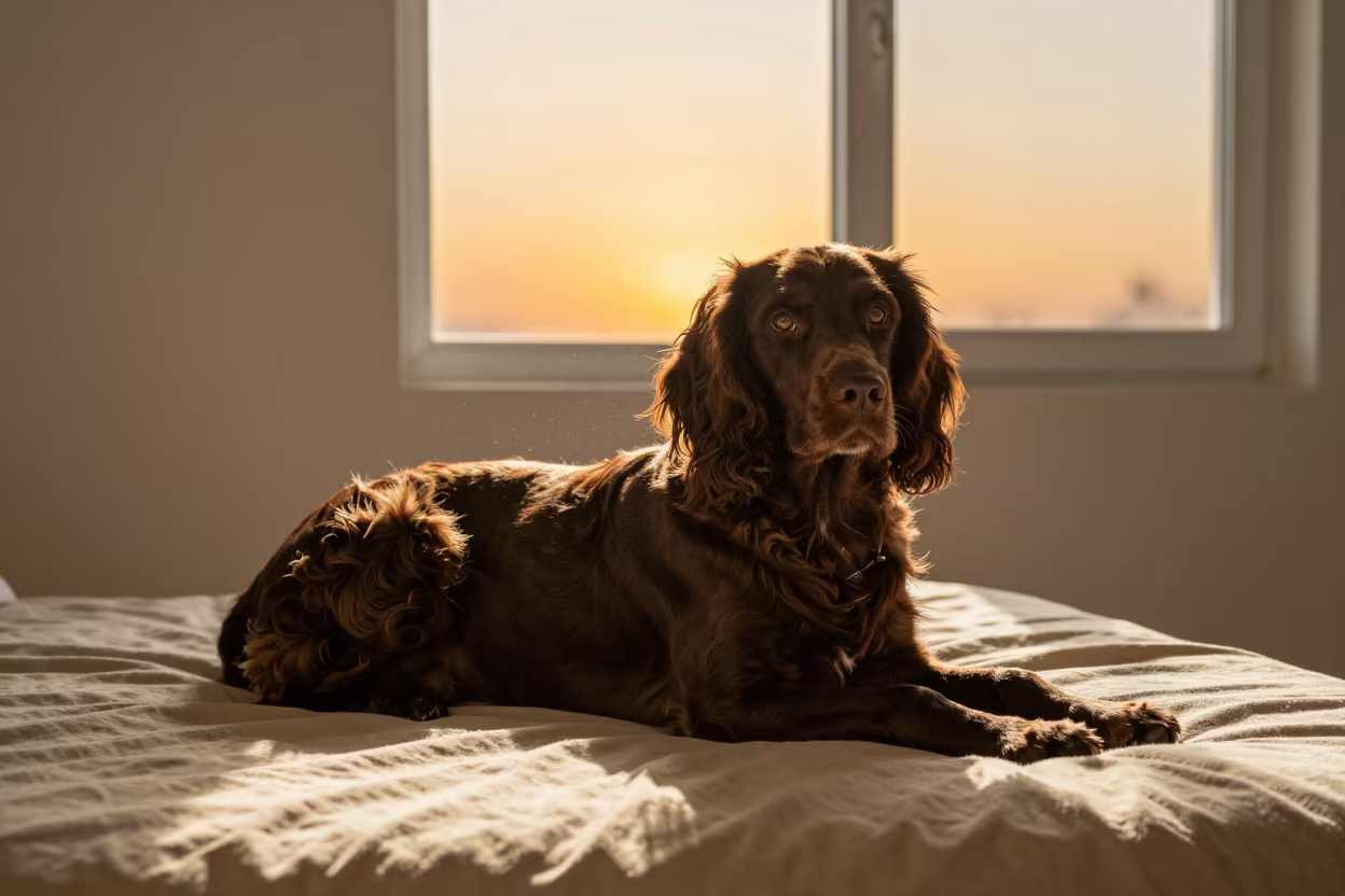 Boykin Spaniel Resting in Culiacán Window Light in on a bedspread near a bright window with calm indoor light in Culiacán