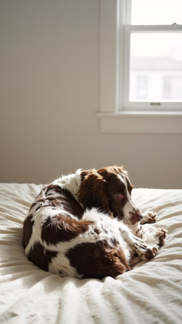 Boykin Spaniel Resting on Bedspread in Morning Light in on a bedspread near a bright window with calm indoor light near Semey