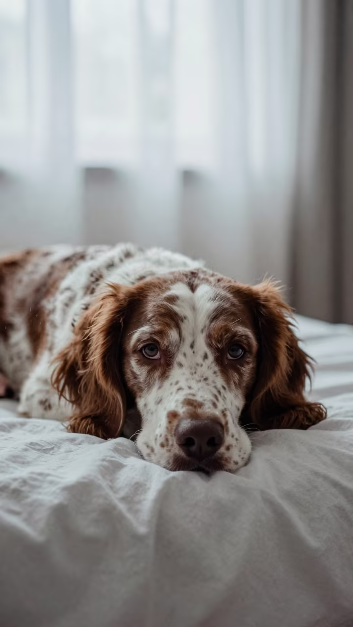 Boykin Spaniel Resting on Bedspread Near Window in on a bedspread near a bright window with calm indoor light in Ica