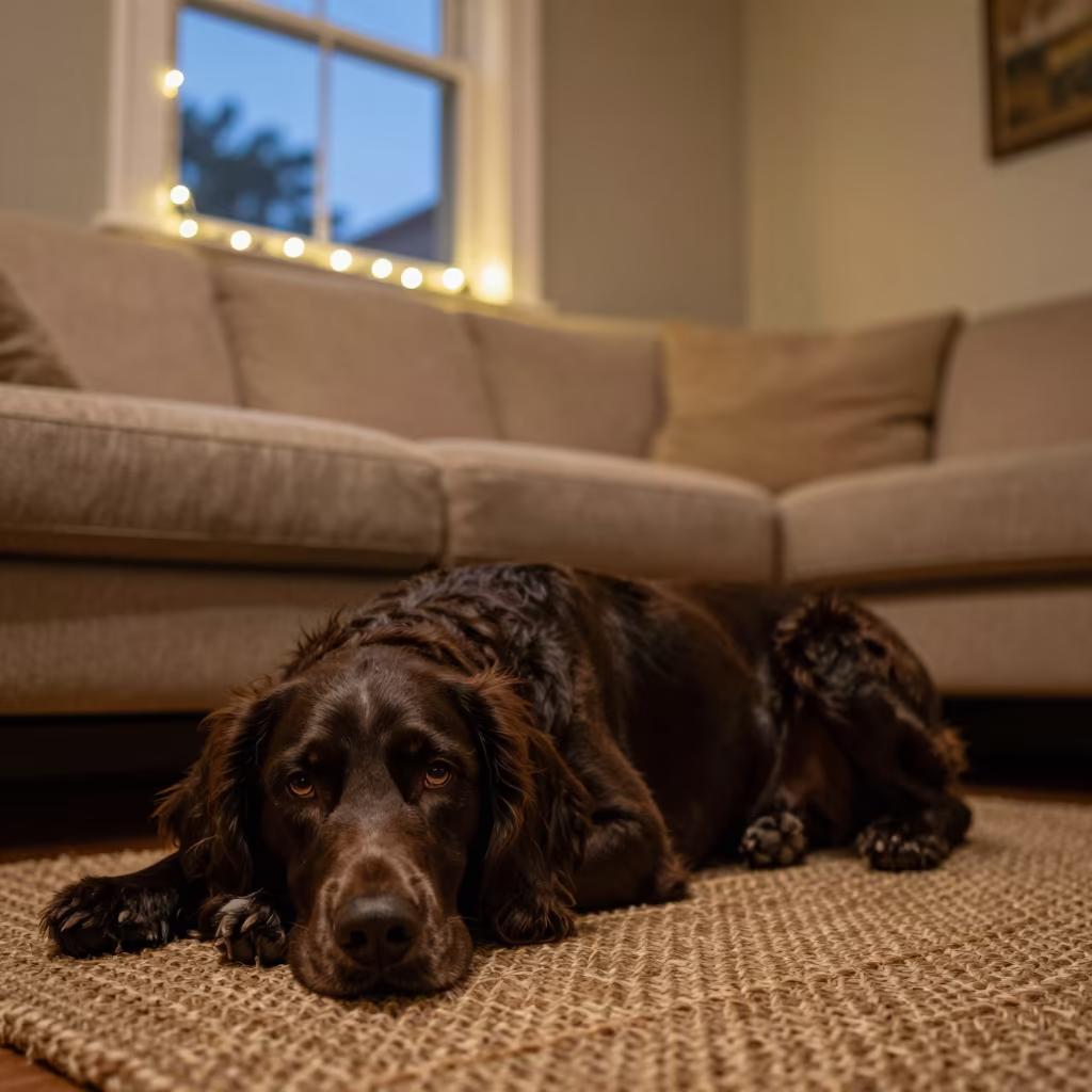 Boykin Spaniel Resting on Woven Rug in Predawn Glow in on a woven rug beside a low couch and an uncluttered wall near Monterrey