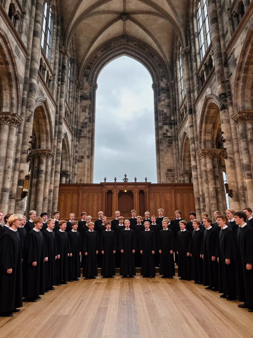 Boys Choir Singing in Dresden Abbey Nave in in a concert hall in Dresden
