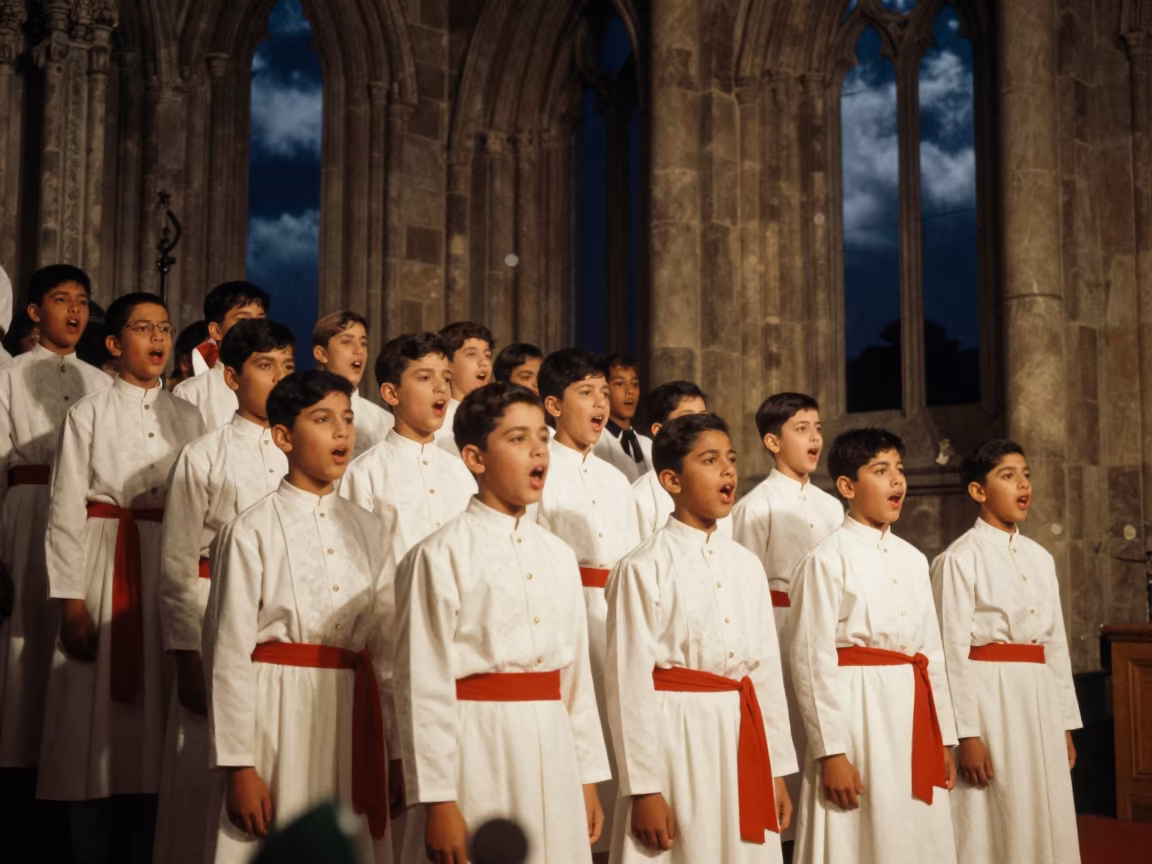 Boys Choir Singing Evensong Monsoon Night in on a theater stage in Belgaum