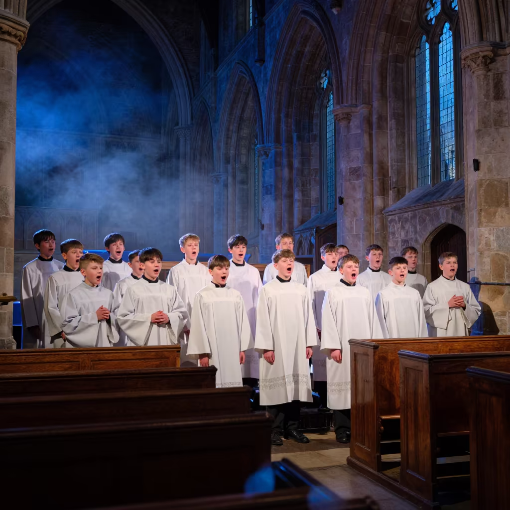 Boys Choir in Winter Abbey Nave at Blue Hour in in a rehearsal room in Carrollton