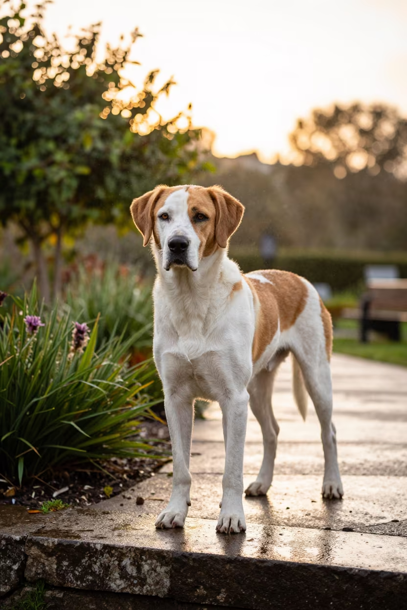 Bracco Italiano Gazing on Samara Garden Path in near a garden edge with soft morning light and an uncluttered background near Samara