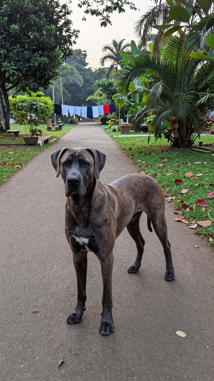 Bracco Italiano on Lagos Garden Path Morning in near a garden edge with soft morning light and an uncluttered background in Lagos