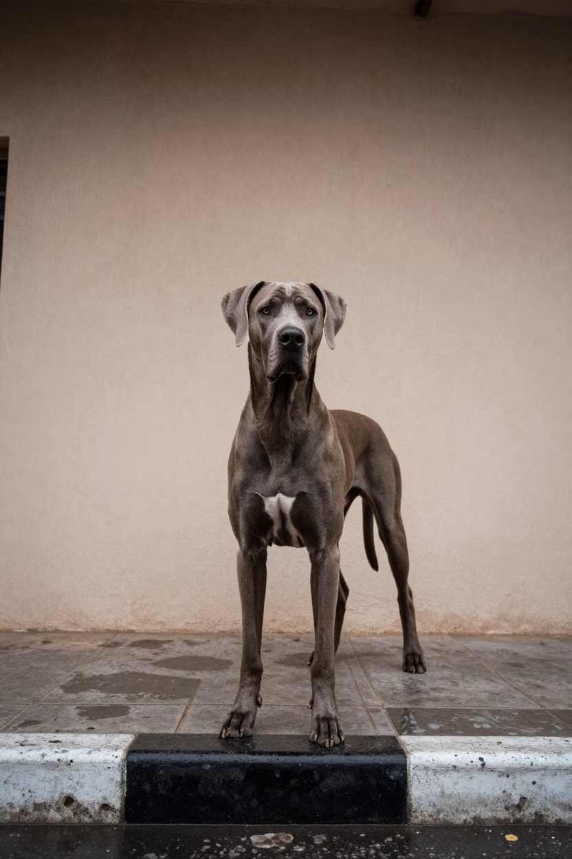 Bracco Italiano Portrait Beside Courtyard Wall in beside a plain courtyard wall in clear daylight with the animal at eye level in Gharyan