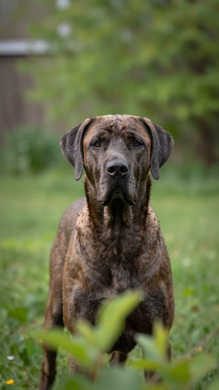 Bracco Italiano Portrait in Burlington Garden Morning in near a garden edge with soft morning light and an uncluttered background in Burlington
