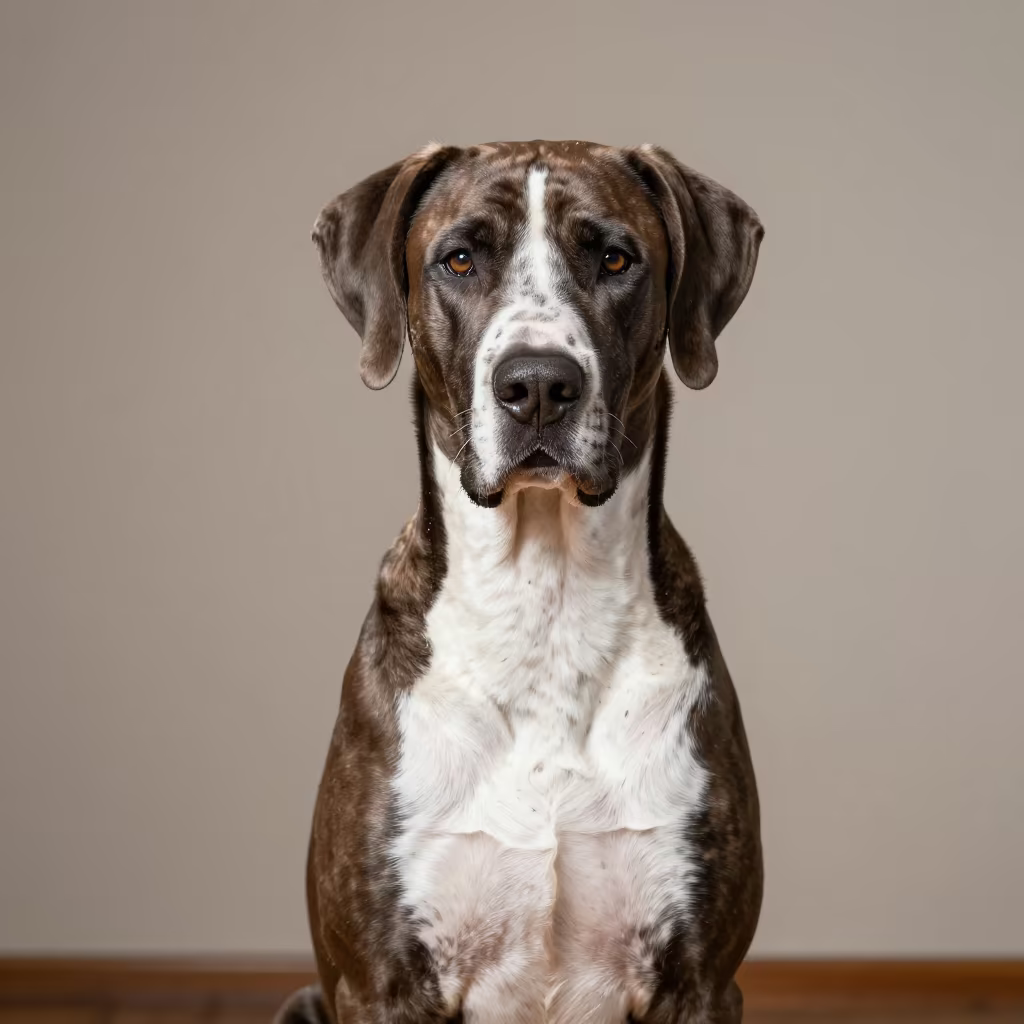Bracco Italiano Portrait in Cienfuegos Indoor Light in beside a plain plaster wall in soft indoor light with the animal centered in frame in Cienfuegos