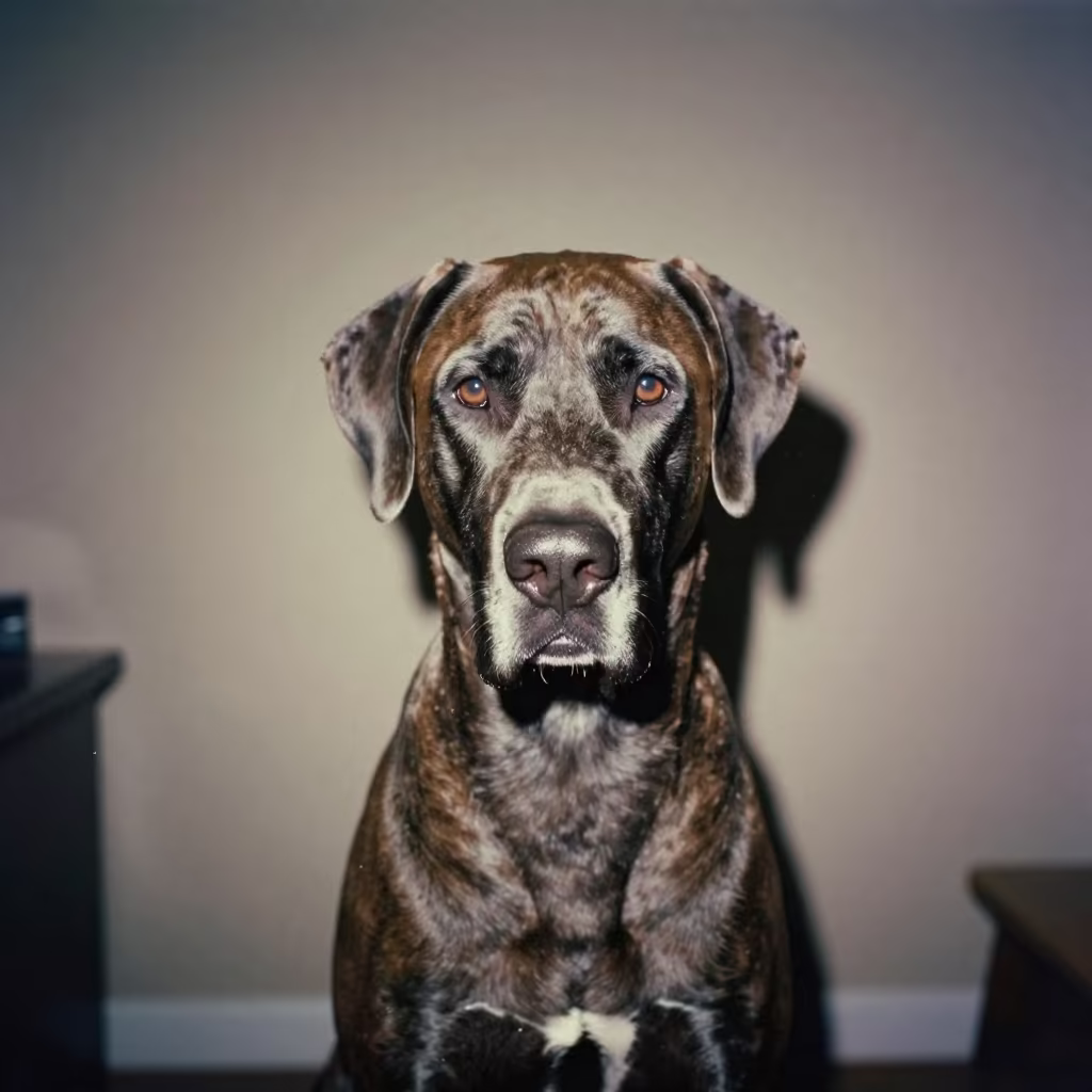 Bracco Italiano Portrait in Monsoon Darkness in beside a plain plaster wall in soft indoor light with the animal centered in frame in Vijayapura