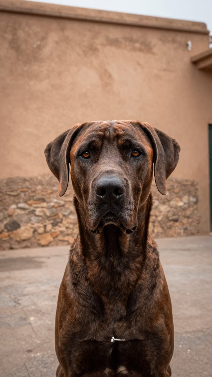 Bracco Italiano Portrait in Rabat Courtyard Light in beside a plain courtyard wall in clear daylight with the animal at eye level in Rabat